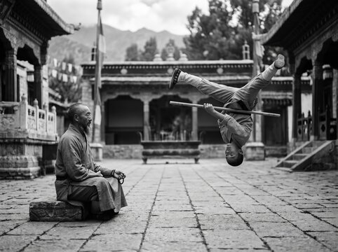 Shaolin kung fu master watches a student performing a backflip a traditional temple courtyard, showing athletic movement and cultural architecture in monochrome photography.