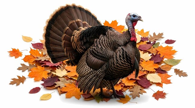 Thanksgiving Turkey Decoration. Autumn Leaves and Harvest Bird Arrangement. Festive Holiday Design. Realistic Seasonal Illustration