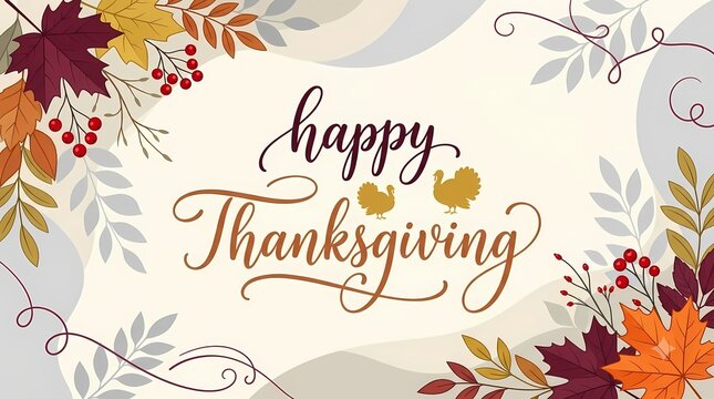 Happy Thanksgiving Floral Card. Autumn Leaves and Botanical Border. Festive Holiday Greeting. Elegant Watercolor Illustration