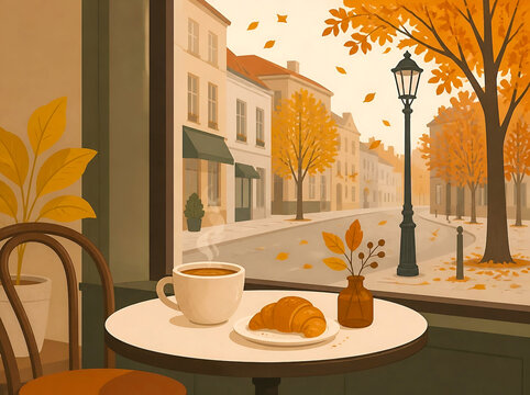 Warm autumn morning coffee and croissant on table near window looking at European street vector