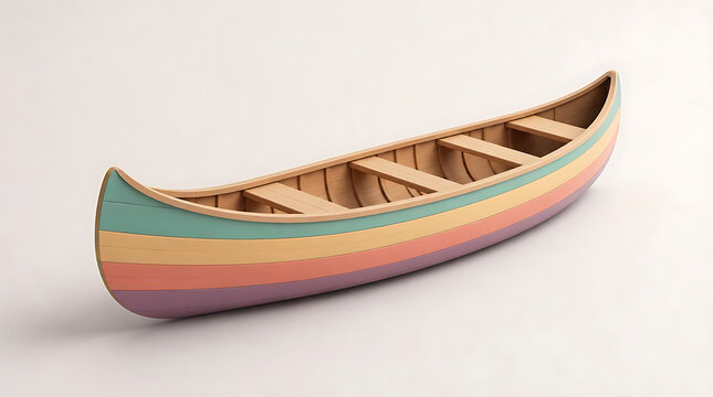 A small wooden canoe with colorful stripes isolated on a white background.