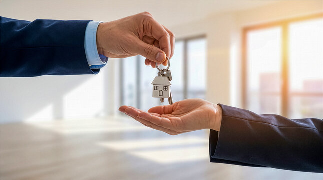 Real estate agent handing house key with home keychain to new homeowner buyer indoors