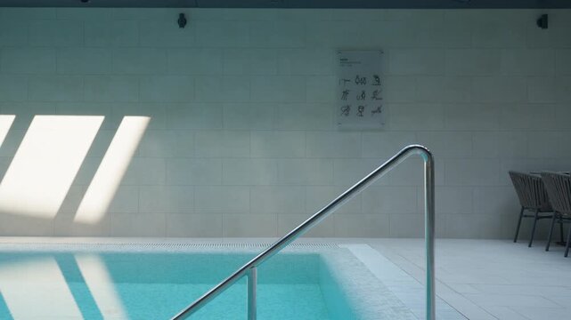 Stainless steel handrail and steps provide safe access to an indoor pool. Clear water with a wall safety rules sign highlights security and hygiene in a modern luxury spa wellness resort.
