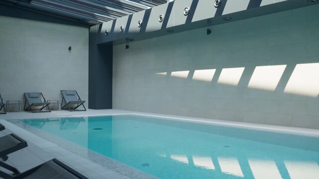 Modern private villa luxury indoor swimming pool with clear turquoise water. Upscale residential real estate features comfortable lounge chairs, contemporary design and natural daylight.