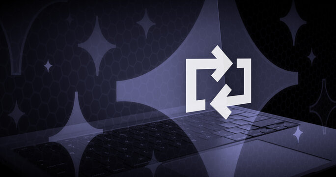Artificial intelligence concept graphic with data exchange symbols, workflow automation, and glowing sparkles on a dark keyboard background for modern technology applications.