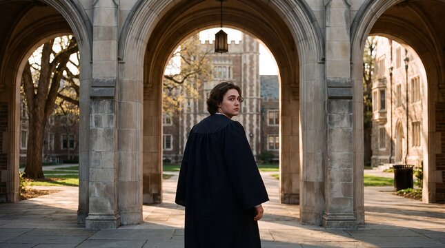 Graduate arches campus woman walking student school education farewell gown. Female graduate walks beneath historic stone arches and looks back across campus for education marketing graduation