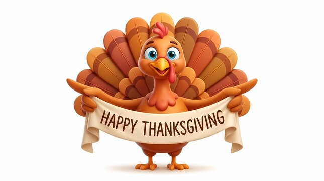 Happy Thanksgiving Turkey. Cute Cartoon Bird With Festive Feather Display. Holiday Greeting Banner. Playful Seasonal Illustration
