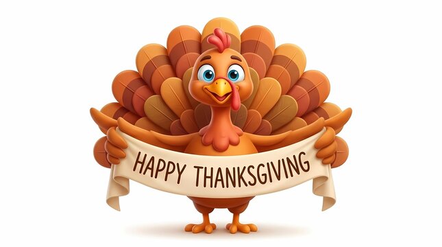 Happy Thanksgiving Turkey. Cute Cartoon Bird With Autumn Feather Display. Festive Holiday Greeting. Playful Seasonal Illustration
