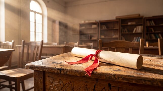 Graduation diploma rolled ribbon desk school certificate education achievement classroom. Rolled diploma with a red ribbon rests on an old classroom desk for graduation campaigns school promotions