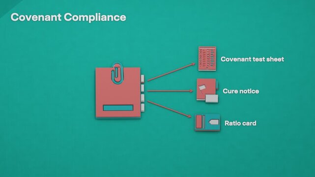 A loan agreement sets covenant thresholds that guide ratio testing, breach identification and a cure notice requiring corrective action. Flat 3D style; objects labelled in English.