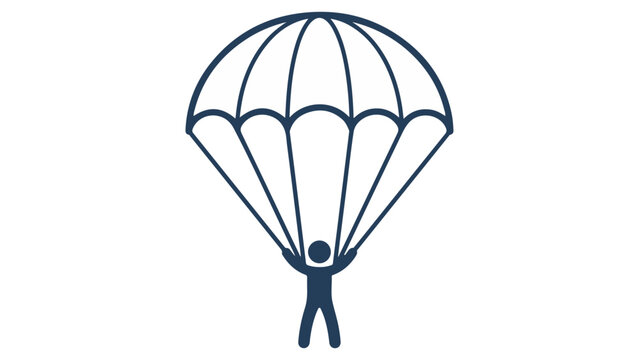 A minimalist navy parachute icon showing a person suspended beneath a canopy, symbolizing skydiving, parachuting on white background