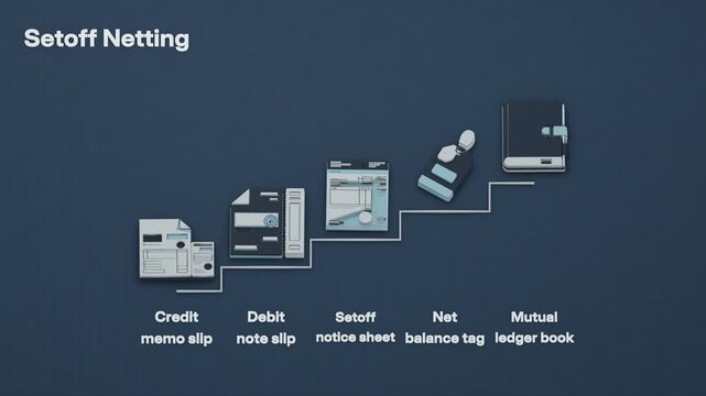 A credit memo and matching debit note progress through a setoff notice to a single net balance recorded in the mutual ledger. Flat 3D style; objects labelled in English.