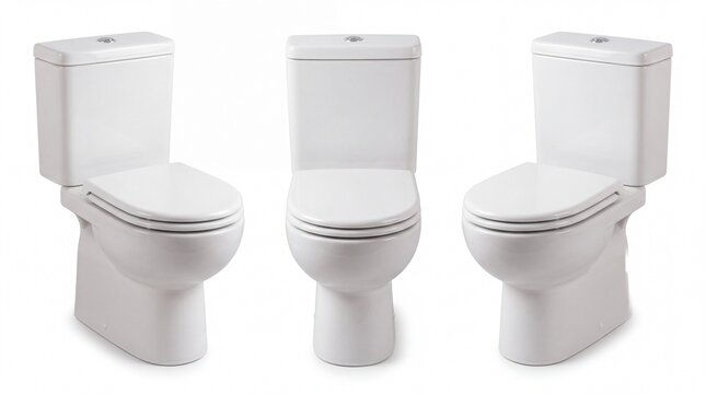 Three identical white ceramic toilets captured from different angles in professional studio lighting on white background
