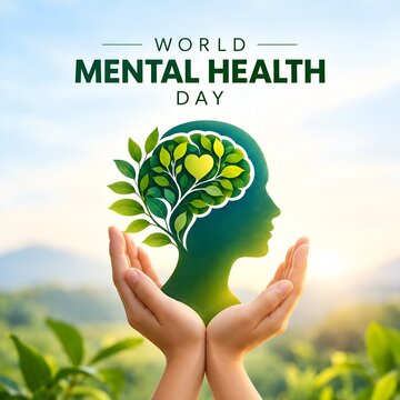 Hands holding brain with growing plant for world mental health day
