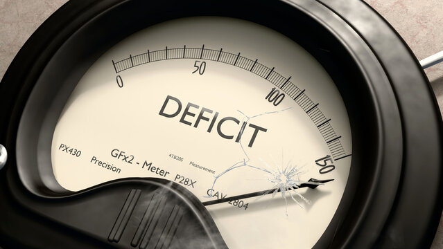 Deficit meter showing high levels of deficit. Dangerously increasing values of deficit, critical overload. Too much, off the charts. Max deficit ,3d illustration