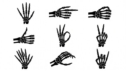 Fototapeta premium Nine black silhouette illustrations of skeletal hands in varied gestures, including open palm, pointing, fist, thumbs-up, and “OK” sign, showing phalanges, metacarpals, and wrist bones, symbolizing an