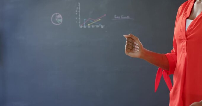 Close up of people talking to the camera, presenting data on chalkboard, business professional expla