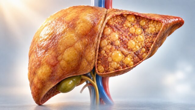AI generated 3D illustration of a human fatty liver showing cirrhosis and steatosis with cross-section detail