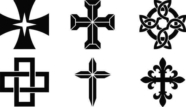 Medieval Christian Crosses and Celtic Heraldic Symbols Black Vector Silhouette Icon Set