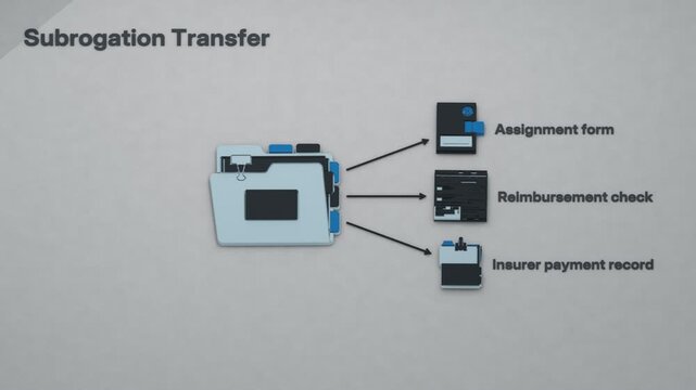 The insurer's paid claim produces an assignment of rights, a reimbursement check and a ledger record supporting recovery from the responsible party. Flat 3D style; objects labelled in English.