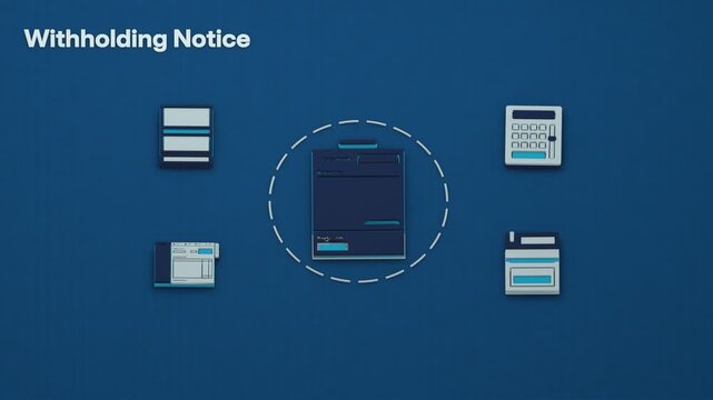 A withholding notice prompts payroll to calculate deductions on a pay statement and produce a remittance slip and creditor voucher for payment toward arrears. Flat 3D style; an English title card.