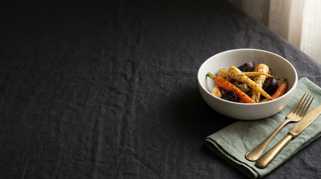 Minimalist autumn dinner table landscape designed for website hero headers with a dark charcoal linen tablecloth a ceramic bowl of roasted root vegetables sage green napkin and brass cutlery