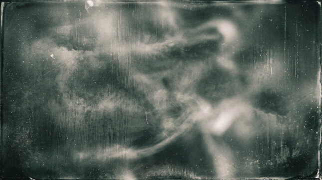 Distressed vintage film frame with grainy cosmic textures and scratched glass effects for antique designs.