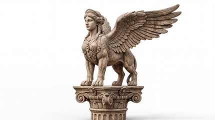 Fototapeta premium Ancient sphinx statue with ornate carved wings perched elegantly atop a classic stone pillar on white background