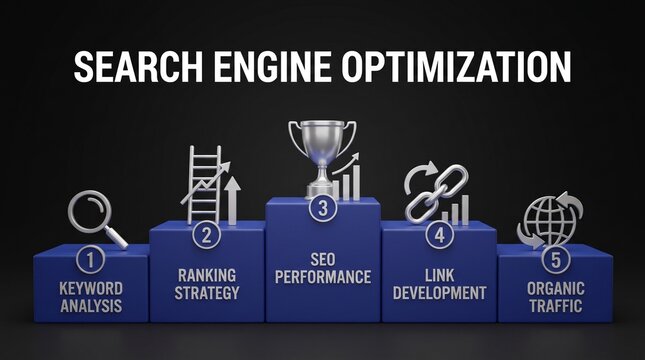 Search engine optimization infographic on a blue podium with silver icons for keyword analysis, ranking strategy, performance, and organic traffic