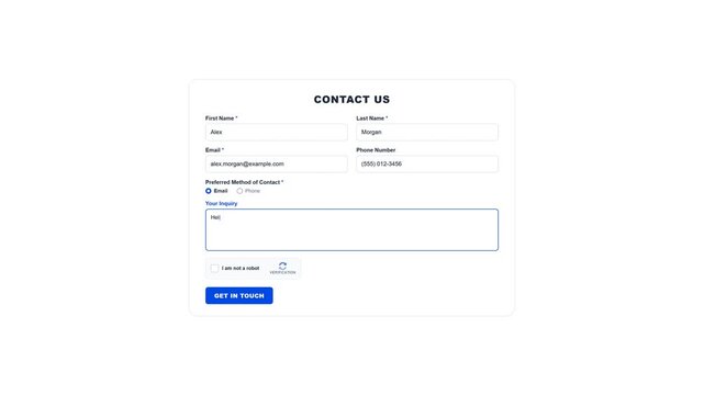 Animation of a website contact form being filled and submitted. 4K Video