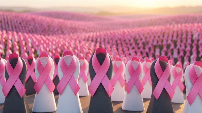 Vast field of pink ribbons on game pieces stretching to the horizon, breast cancer awareness month campaign and medical healthcare support concept.