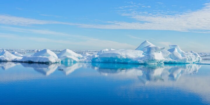 Pack ice and Icebergs in the retreating Arctic Ocean at the latitude of 81&deg;3 N, Svalbard archipelago, Norway