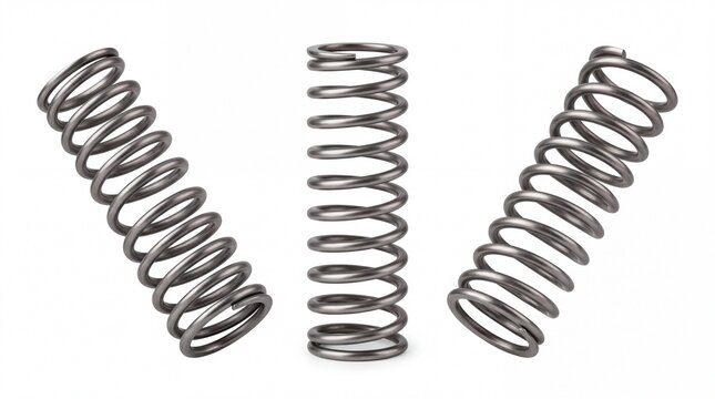 Three metallic industrial coil springs positioned in different angles to showcase mechanical engineering on white background
