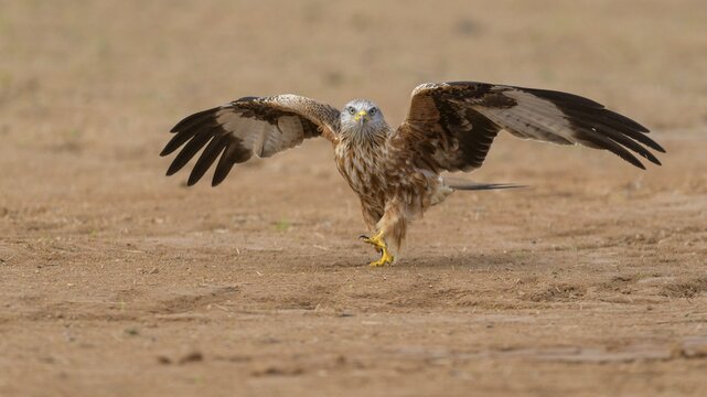 Red kite (Milvus milvus), running across a field with open wings, Extremadura, Spain