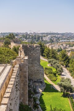 City wall of the old town, view of Neustadt, Jerusalem, Israel