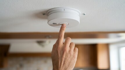 Plakat A close up view of a person pressing the test button on a white smoke detector mounted on a residential ceiling, demonstrating home safety maintenance and monthly testing procedures