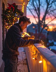 Fototapeta premium Man Decorating Porch with Christmas Lights at Dusk