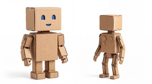 Two friendly cardboard robots standing together in a creative studio shot displayed on white background