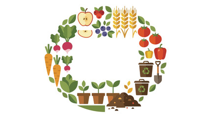 Fototapeta premium Vibrant circular frame showcasing fresh organic produce and gardening elements, symbolizing sustainable agriculture, healthy living, and ecological harmony through cultivation