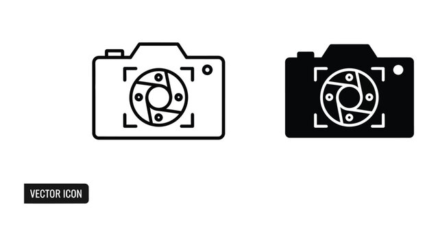 Professional camera lens icons with shutter in outline and solid styles