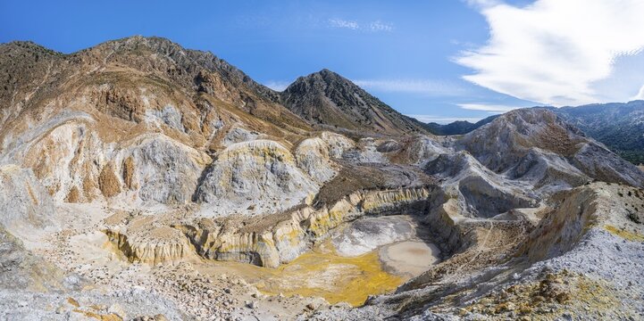 Caldera volcano with pumice fields, yellow coloured sulphur stones, Alexandros crater, Nisyros, Dodecanese, Greece