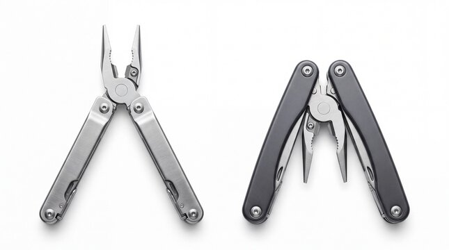Silver and black steel multitool pliers displayed in open and closed positions on white background