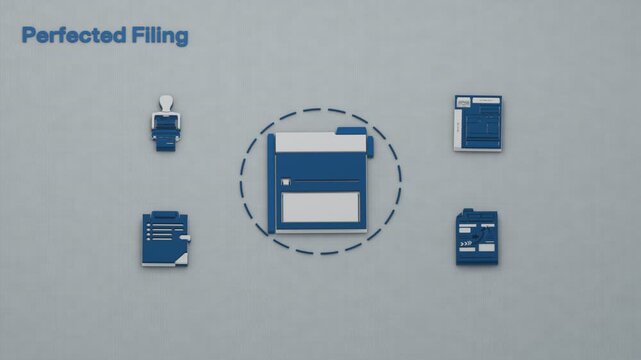 A secured party files a financing statement, records its continuation and preserves priority over later filings, linking the original record to three procedural outcomes. Flat 3D style; an English
