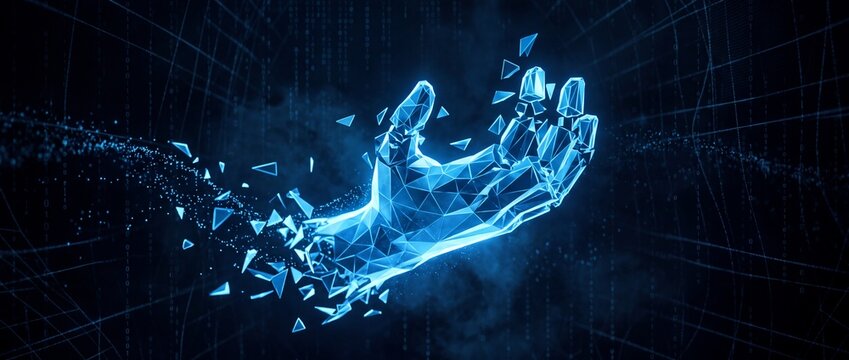 Abstract human hand made of blue glowing geometric wireframe triangles fragmenting into digital particles across dark binary data matrix.