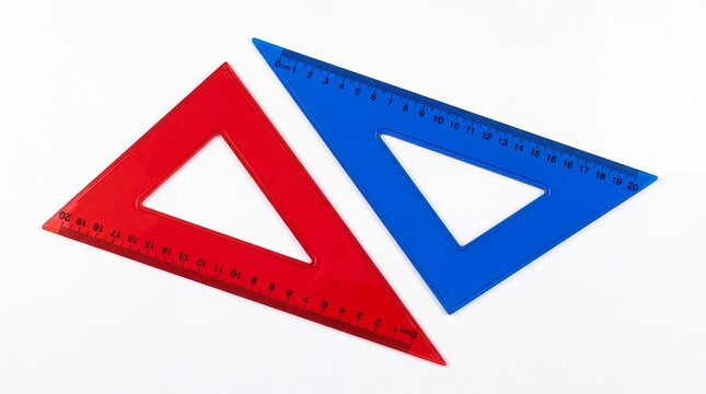 Red and blue plastic triangular rulers for school geometry tasks isolated on white background