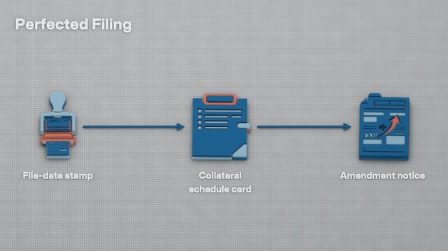A secured party files a financing statement, records a continuation, and preserves priority over later filings through collateral and amendment records. Flat 3D style; objects labelled in English.