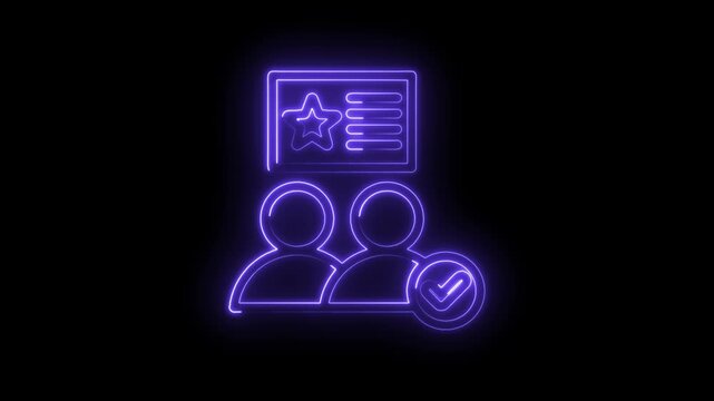 Neon glow outline of two people icons with a star badge and checkmark symbol on black background