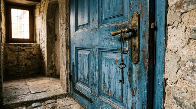 Old Skeleton Key Hanging on Vintage Blue Painted Door