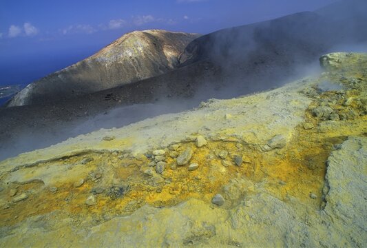 Fumaroles on volcanic crater, Vulcano, Vulcano Island, Aeolian Islands, Sicily, Italy