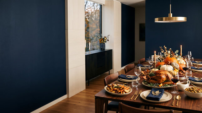 Elegant Thanksgiving dinner table setting in a modern dining room with dark blue walls and roasted turkey